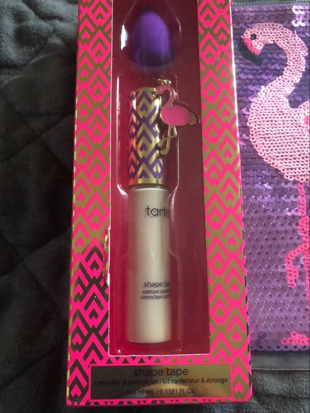 tarte Concealer Set with Purple Beauty Sponge and Pink Flamingo Sequin Pouch